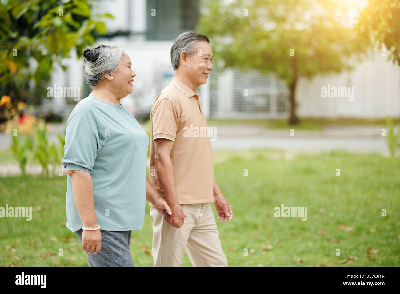 Senior Asian couple holding hands while walking on park Stock Photo