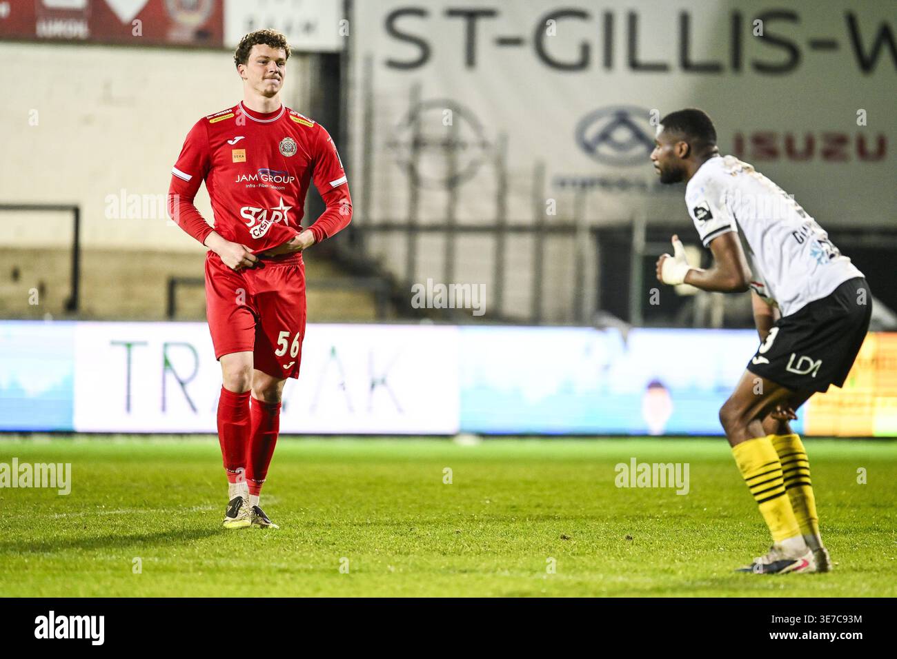 Lokeren, Belgium. 10th Apr, 2026. Lokeren's Vancy Romeo Mabanza looks  dejected after a soccer game between KSC Lokeren and RFC Seraing, Friday 10  April 2026 in Lokeren, on day 33 of the