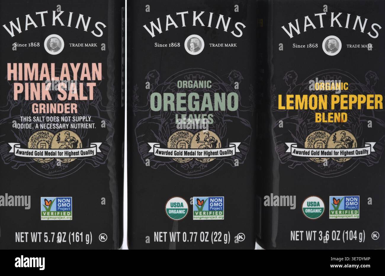 IRVINE, CALIFORNIA - 10 APR 2026: Closeup of the labels of three bottles of Watkins Spices, Himalayan Pink salt, Oregano Leaves and Lemon Pepper. Stock Photo