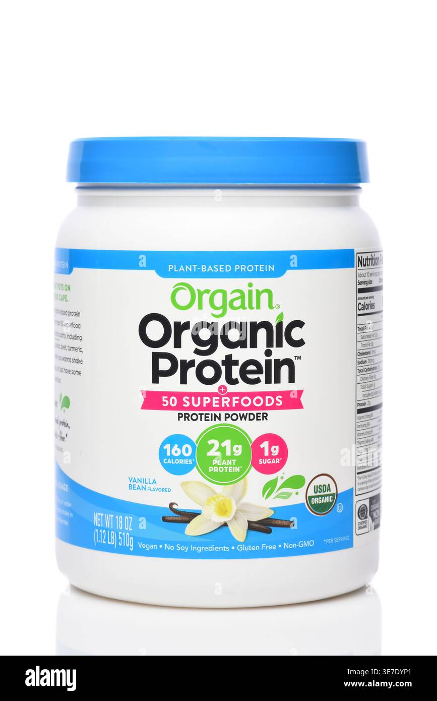 IRVINE, CALIFORNIA - 10 APR 2026: A tub of Orgain Organic Protein Powder. Stock Photo
