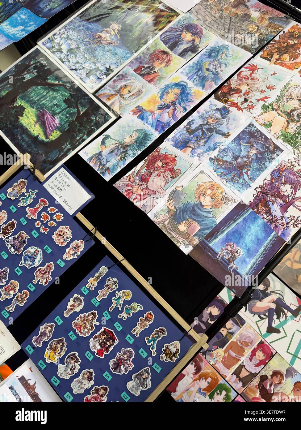 A selection of Anime, Cosplay stickers for sale. At Comic Con theme sale at EPIC market in Canberra, Australia. Stock Photo