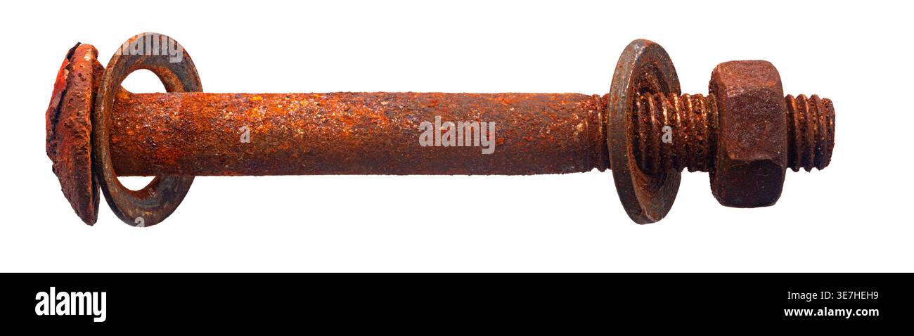 rusty construction bolt close-up on white isolated background Stock Photo