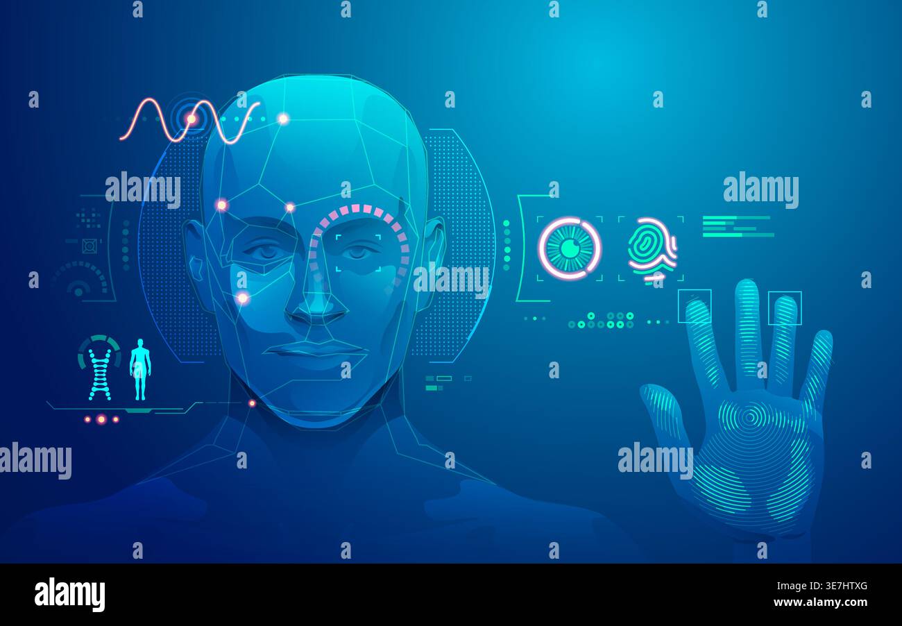 concept of biometrics technology, graphic of human face and fingerprint scanning interface Stock Vector