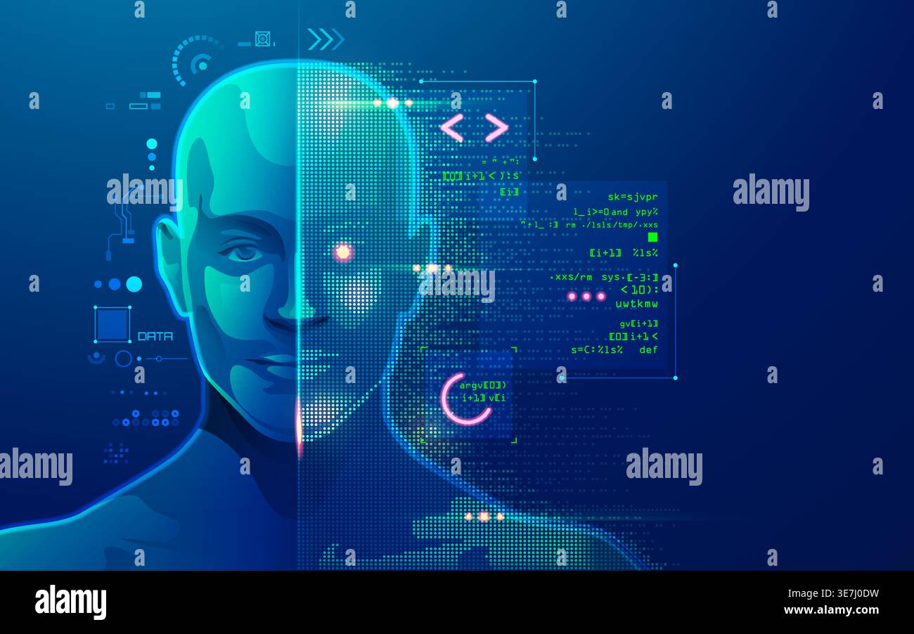 concept of machine learning or innovation technology, graphic of ai head with programming script Stock Vector