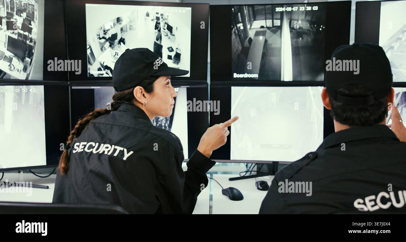 Security Observing Team, talk and security guard in control room for video surveillance ...