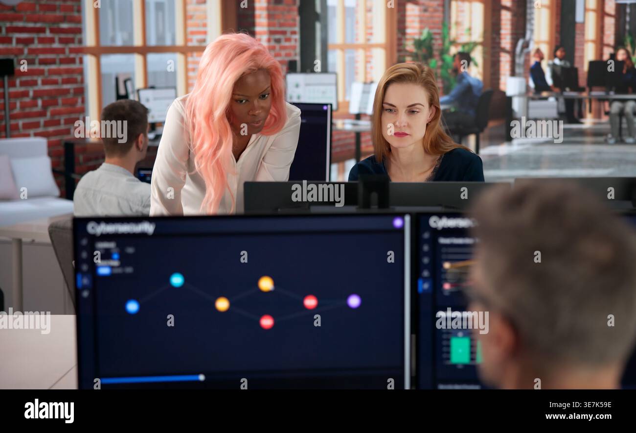 Cybersecurity Engineer Monitors Network Dashboard, Analyzing Threats With Team. Stock Photo
