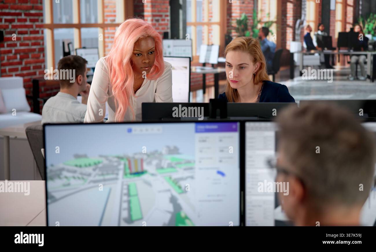 Urban Land Mapping Engineer Studies 3D City Data Using GIS Software. Stock Photo