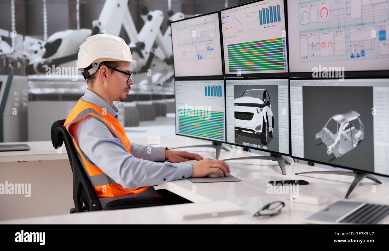 Automotive Engineer Developing Precision Components With CAD Technology On Desktop Computer Stock Photo