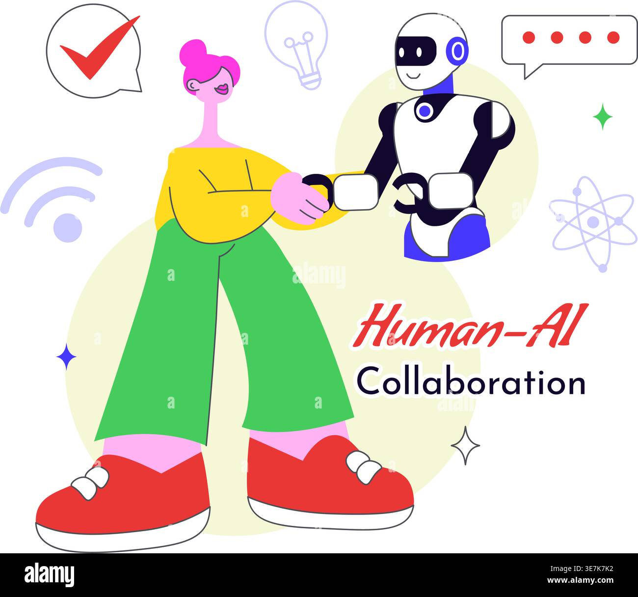 Human AI Collaboration Illustration With People And Robots Working Together, Digital Technology Innovation, Smart Automation and Future Workflow Stock Vector