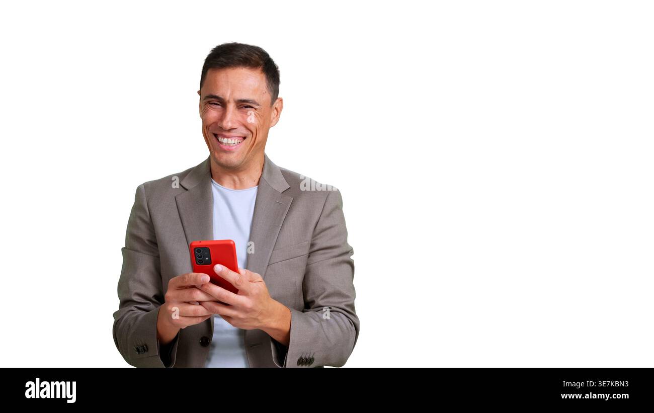 Happy man laughing using smartphone on transparent background Stock Photo
