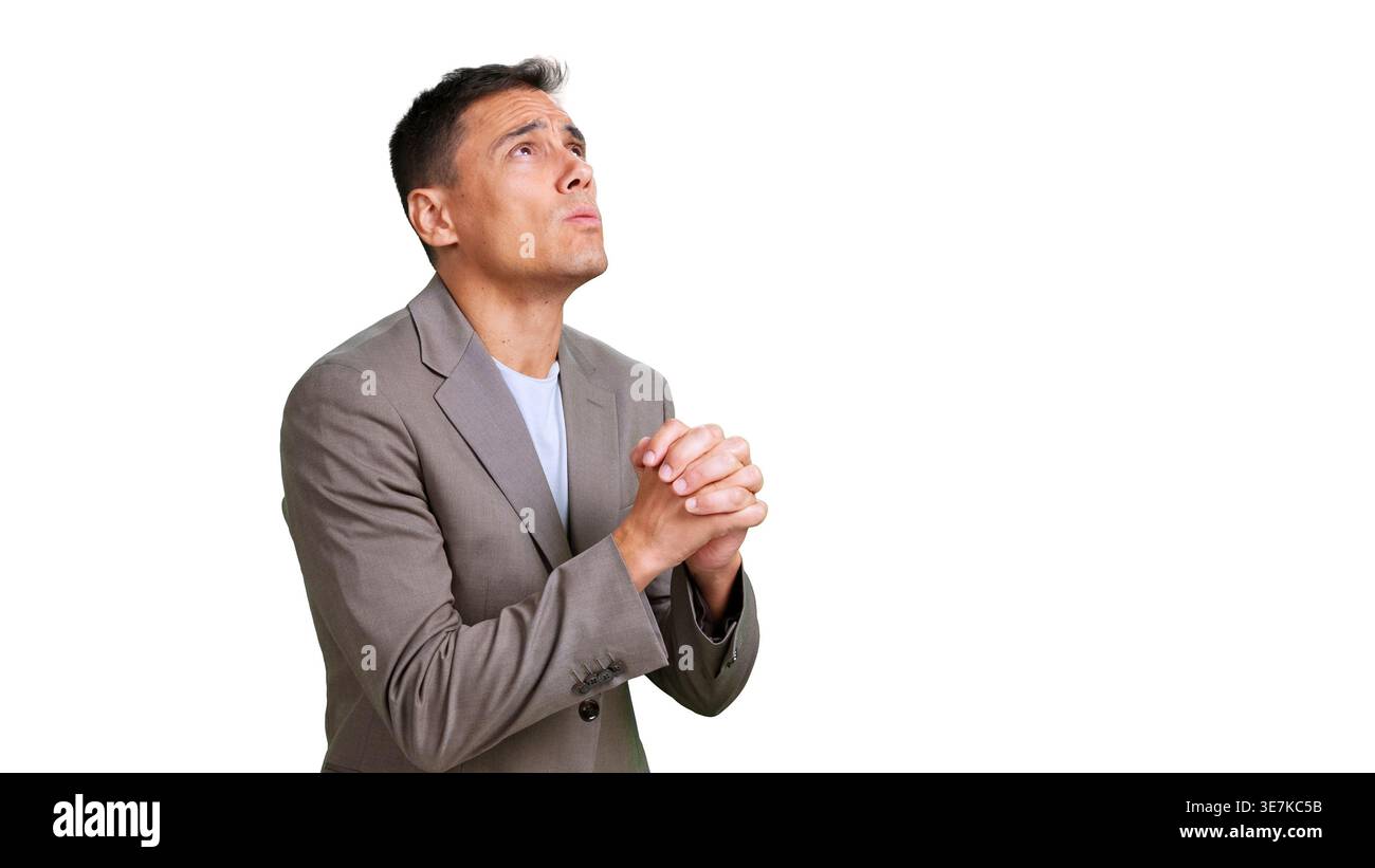 Man praying with concern, hoping for better future, transparent background Stock Photo