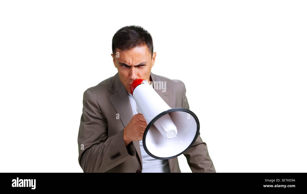 Man shouting into megaphone making an announcement Stock Photo