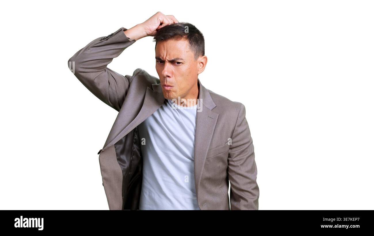 Man scratching head looking confused and thinking, transparent background Stock Photo