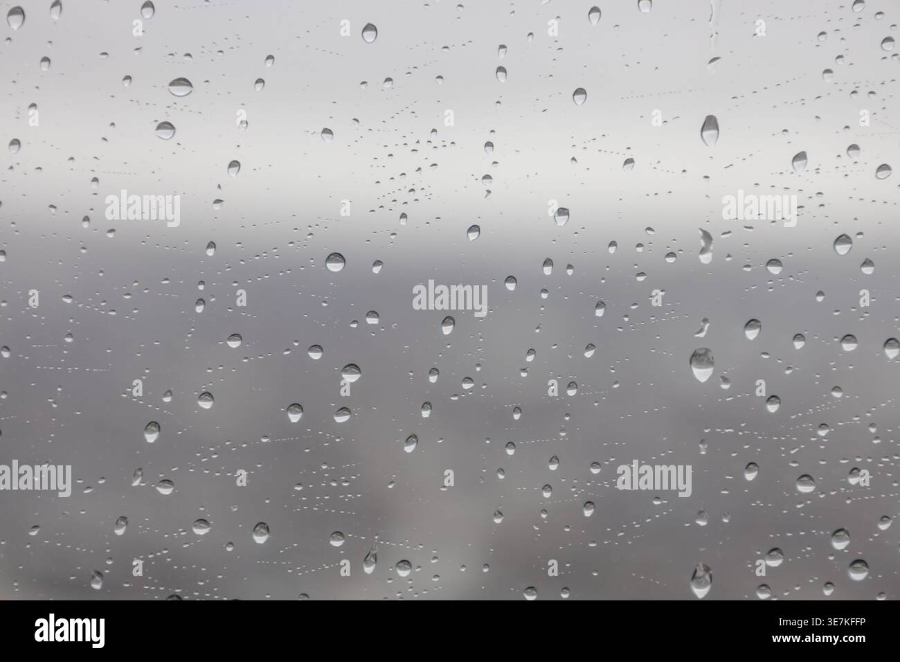 Raindrops on a window pane with a blurred grey background Stock Photo