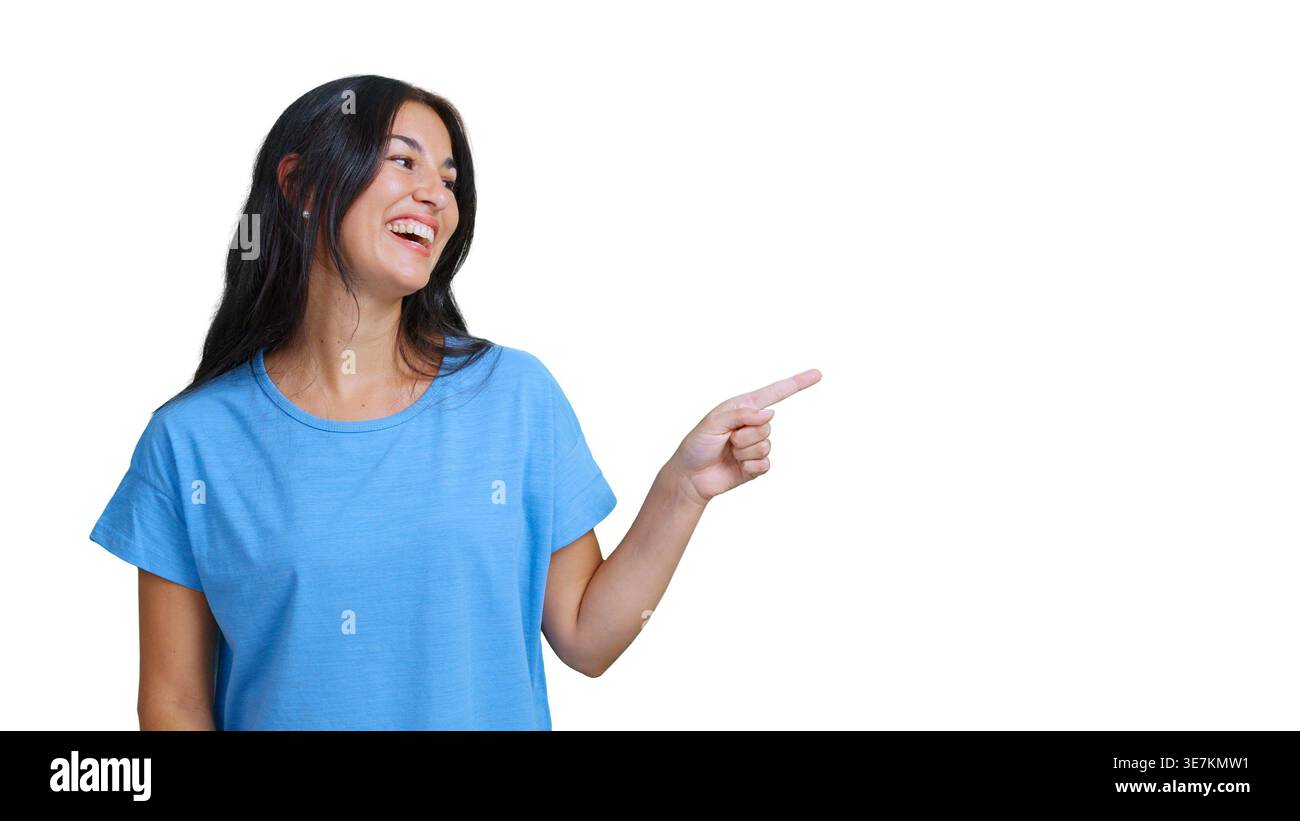 Happy woman pointing finger showing something transparent background Stock Photo