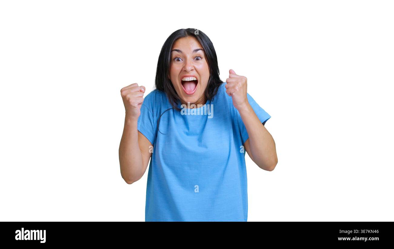 Happy woman cheering success expressing excitement on transparent ...