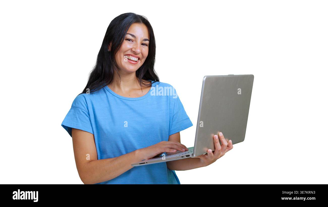 Cheerful young woman using laptop on transparent background Stock Photo