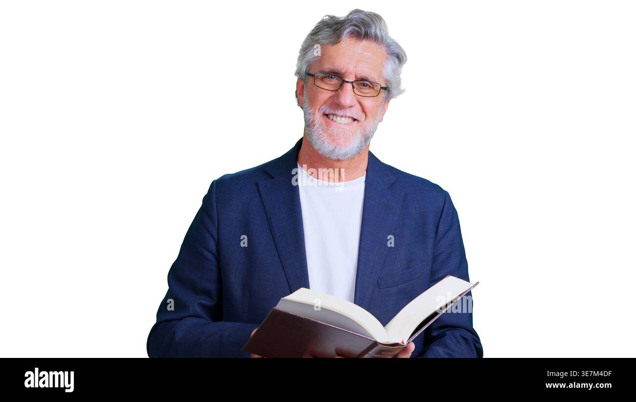 Senior man smiling holding open book for education Stock Photo
