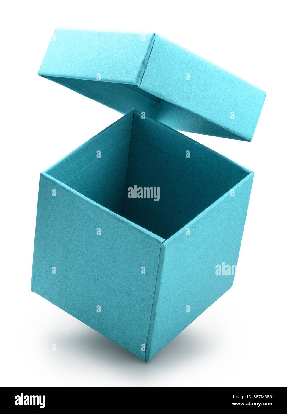 Open empty blue gift box and lid floating above a box isolated on white background. File contains clipping path. Stock Photo
