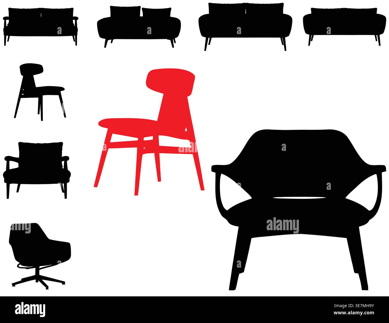 Silhouette Vector Set of Chairs and Sofas with Highlighted Red Chair, Modern Furniture Design Concept, ande and Sofa Silhouette Collection Stock Vector