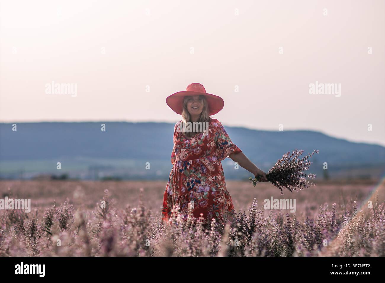 Woman in red dress and hat stands in a lavender field, holding a bunch of  dried flowers. Serene landscape background Stock Photo - Alamy