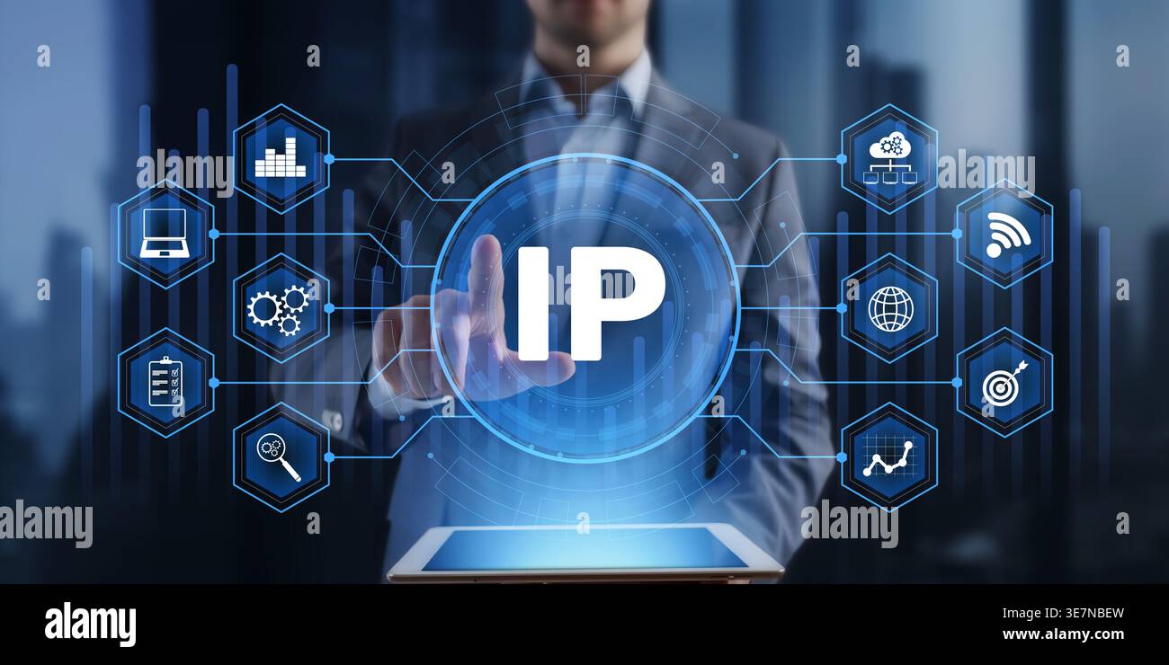 IP technology concept with finger touching digital network dashboard and connected infrastructure analytics icons. Stock Photo