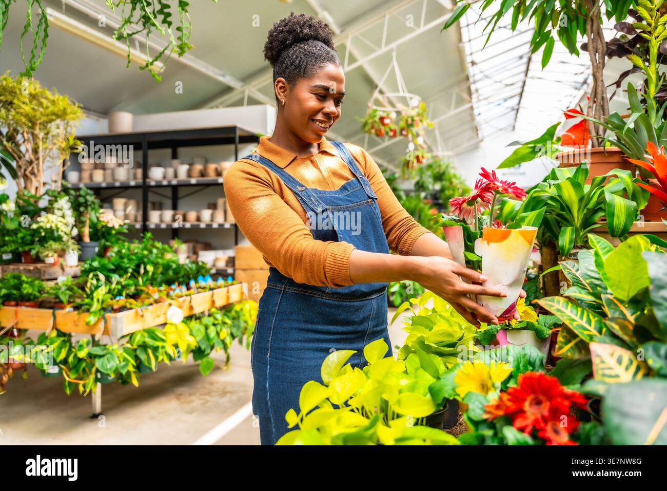 Hispanic female gardener in denim overalls holding potted plant and smiling while standing in greenhouse Stock Photo