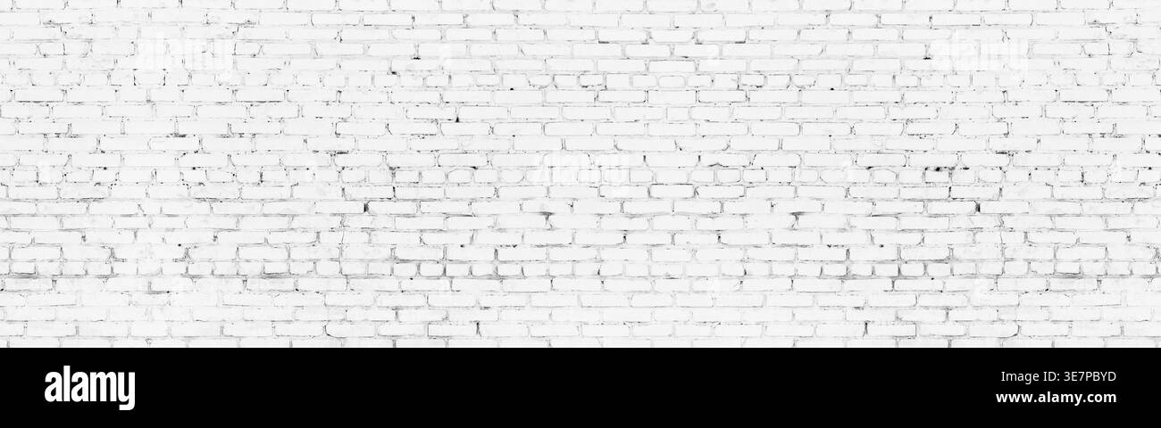 Whitewashed old brick wall wide background. White washed brickwork panoramic backdrop Stock Photo