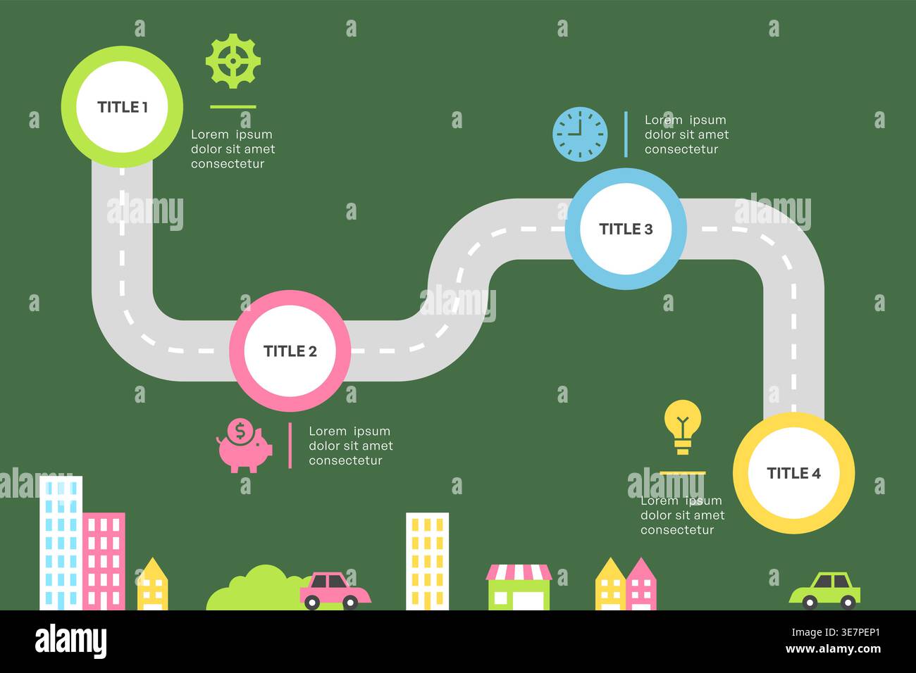 Roadmap Infographic with Four Steps and Cityscape Vector Illustration Stock Vector