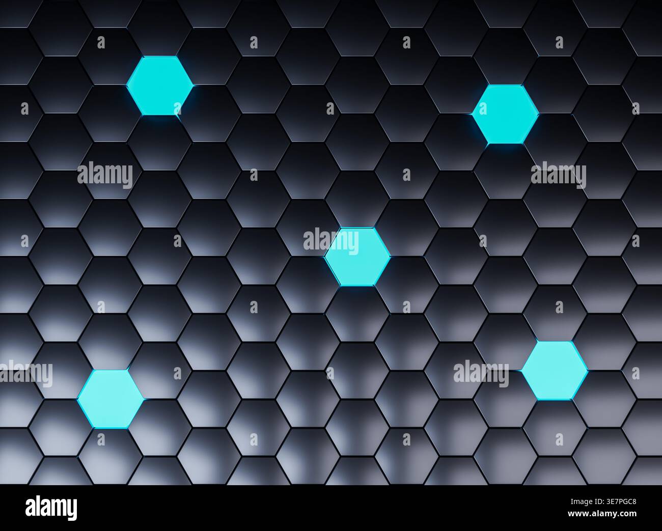 Futuristic black hexagonal grid with glowing blue cells and soft shadows Stock Photo