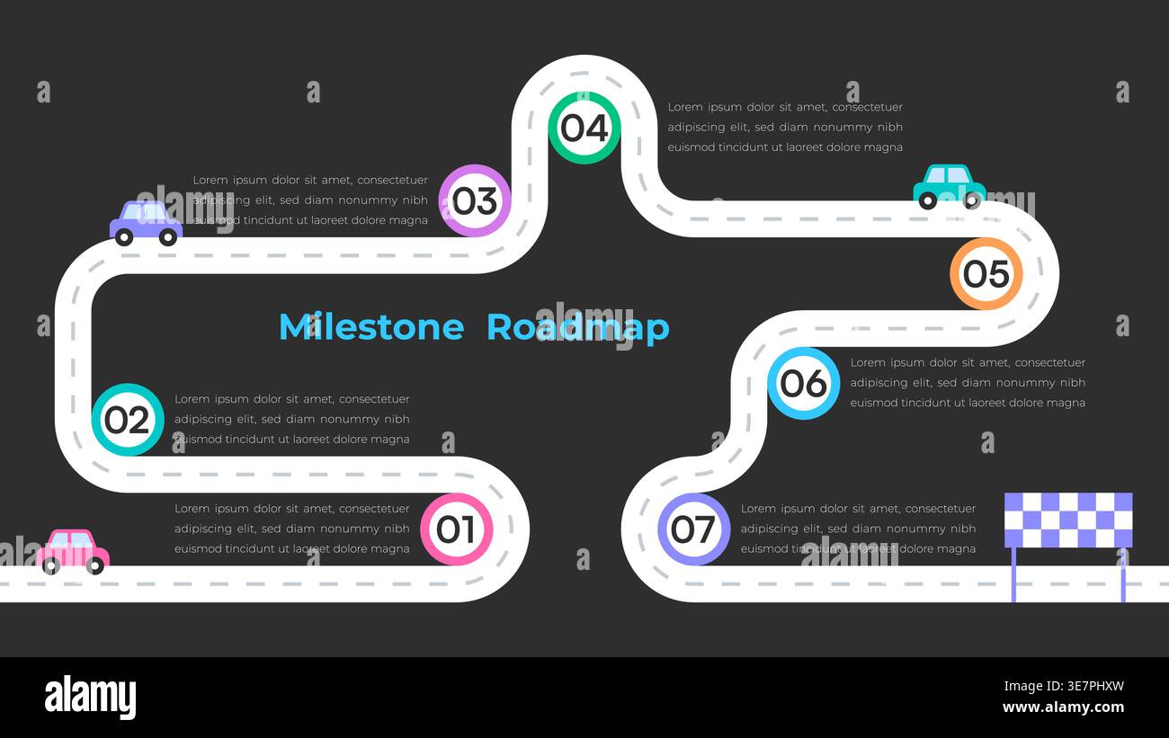 Milestone Roadmap with Colorful Circular Markers and Cars on Dark Background Vector Illustration Stock Vector