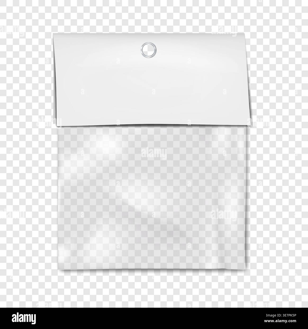 Empty square clear plastic pouch bag with white blank paper top and hanging hole mock-up. Transparent nylon package vector mockup Stock Vector
