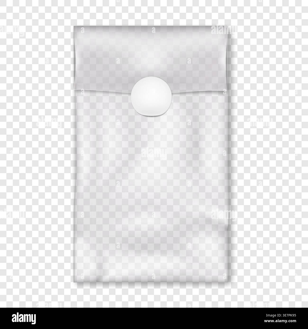 Clear vinyl pouch with white round seal sticker on transparent background vector mock-up. Blank empty fold top plastic bag packaging mockup Stock Vector