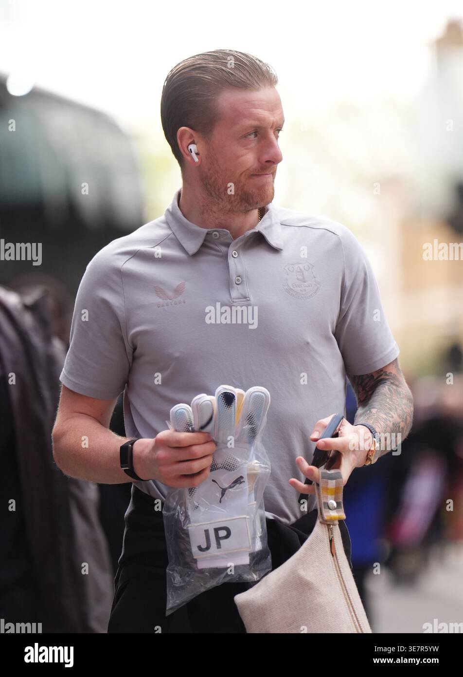 Everton goalkeeper Jordan Pickford arriving before the Premier League ...