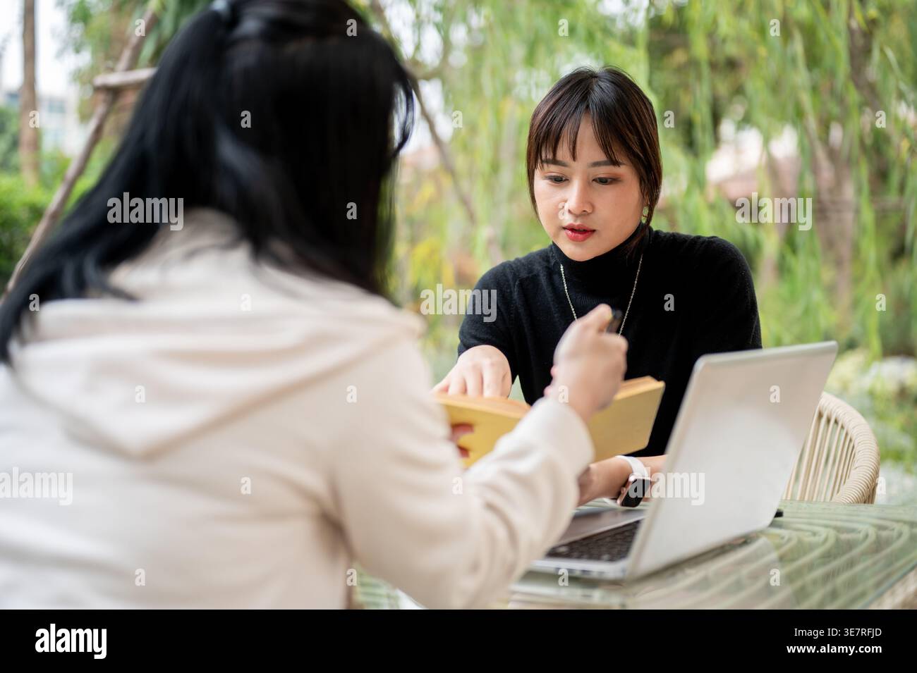 Asian woman working remotely with her colleague while sitting at table in garden during daytime Stock Photo