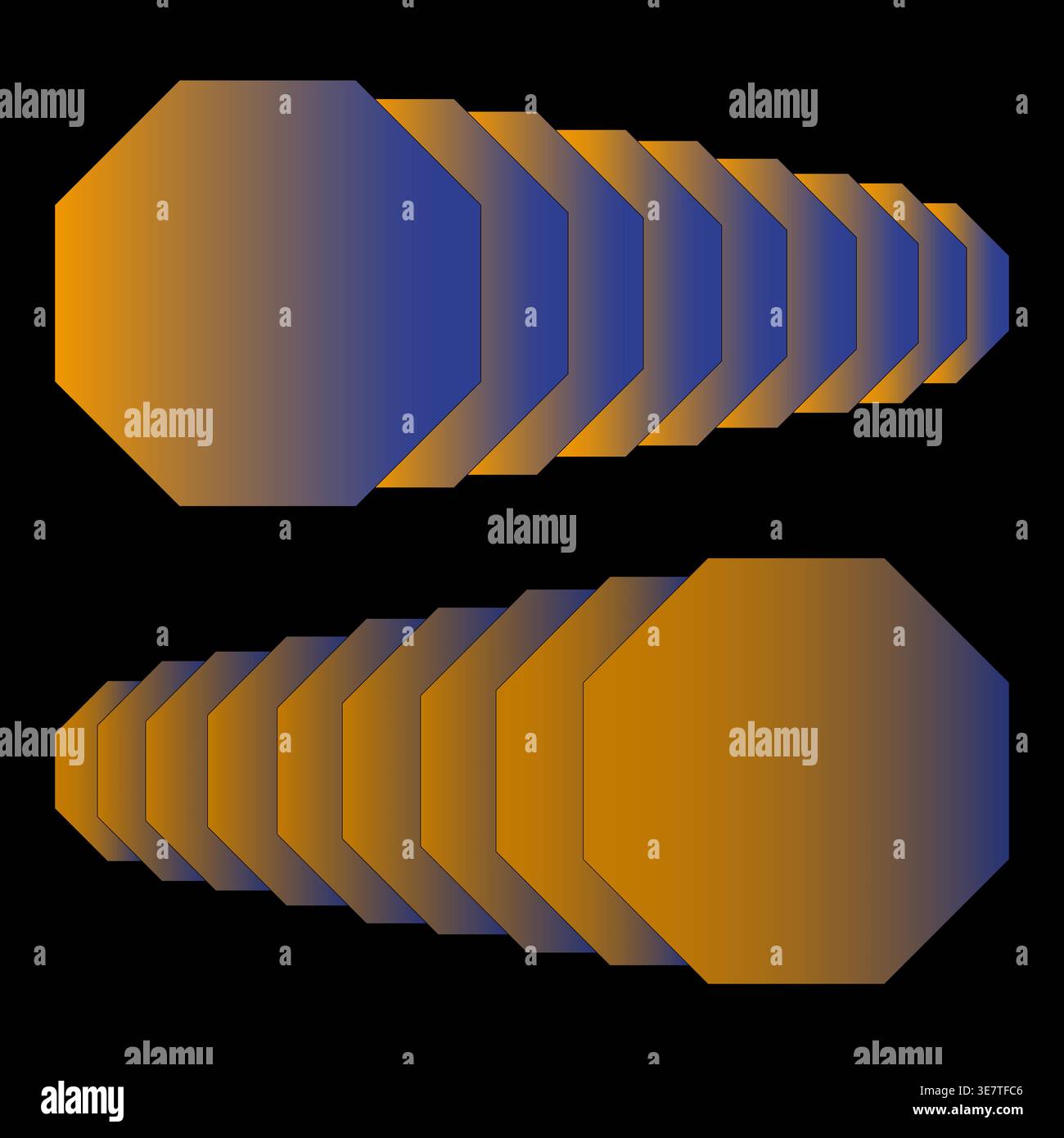 Octagon gradient set. Orange blue Vector shape. Geometric cascade composition. Abstract transition backdrop style. . Stock Vector