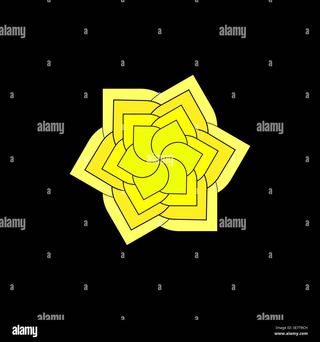 Abstract star flower. Yellow rotating vector shape. Dark black background. Glowing geometric element. Stock Vector