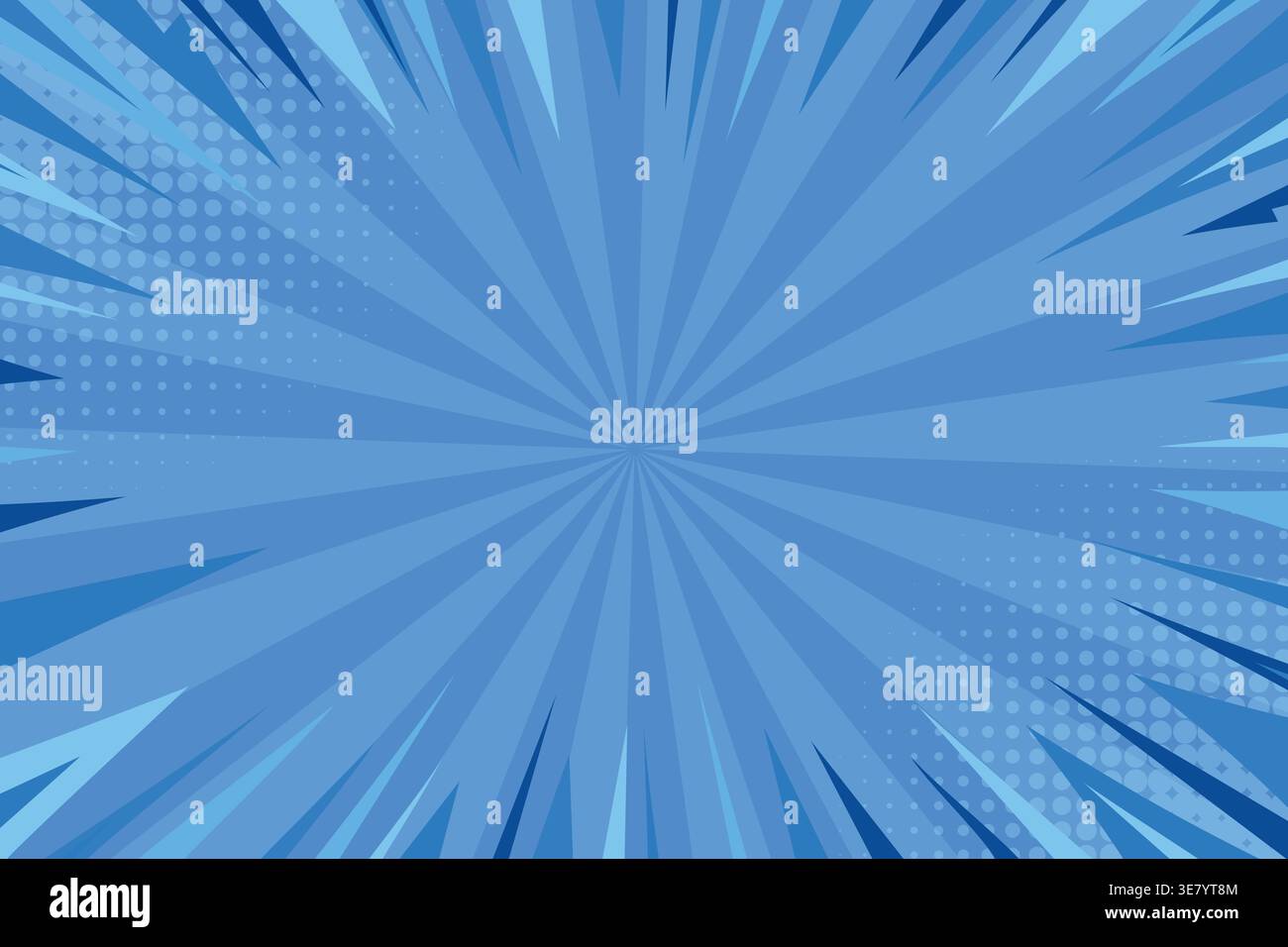 Blue comic sunburst exlosion background. Pop art speed line zoom effect backdrop.  Stock Vector