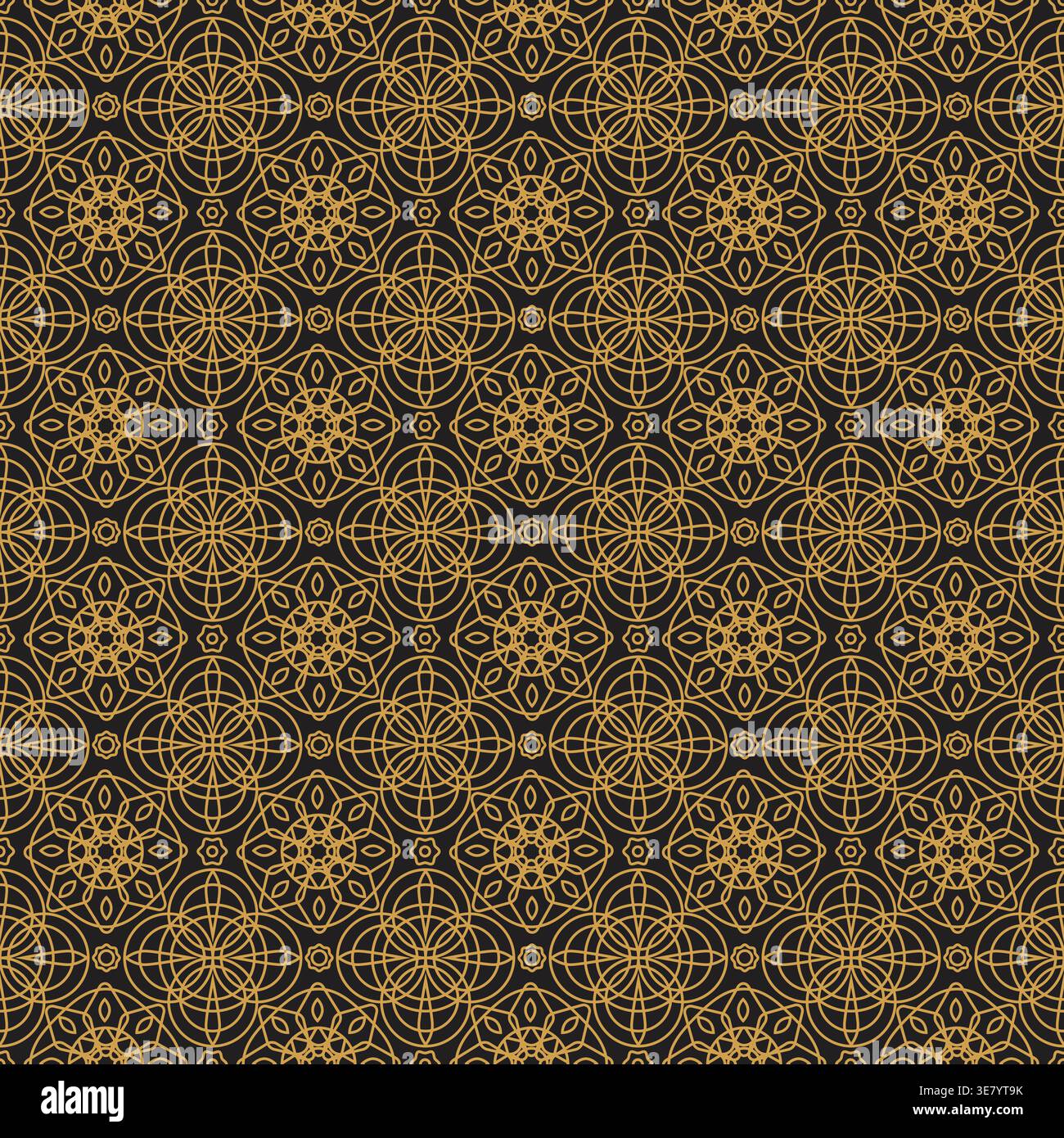 Ramadan pattern. Islamic seamless pattern with gold line on black background. Vector arabic geometric line pattern. Eid mubarak traditional design. Stock Vector
