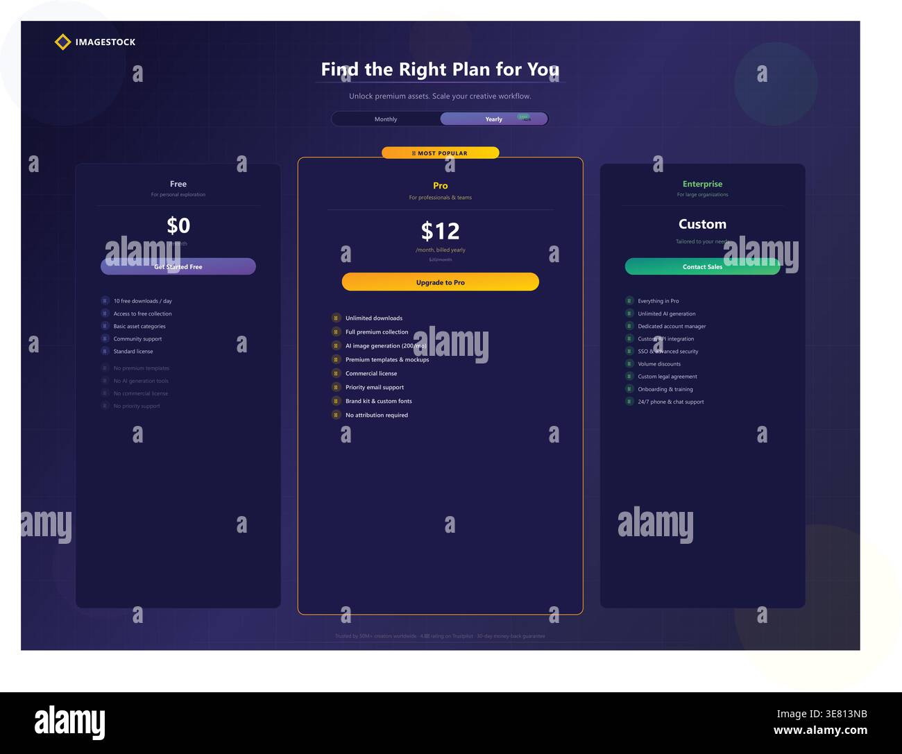 Subscription pricing page for digital creative assets Stock Vector