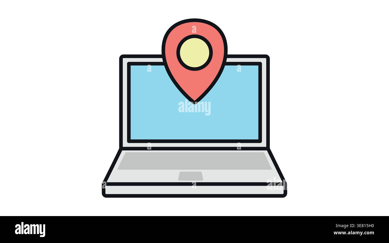 Digital location and local SEO icon: laptop computer with map pointer pin Stock Vector