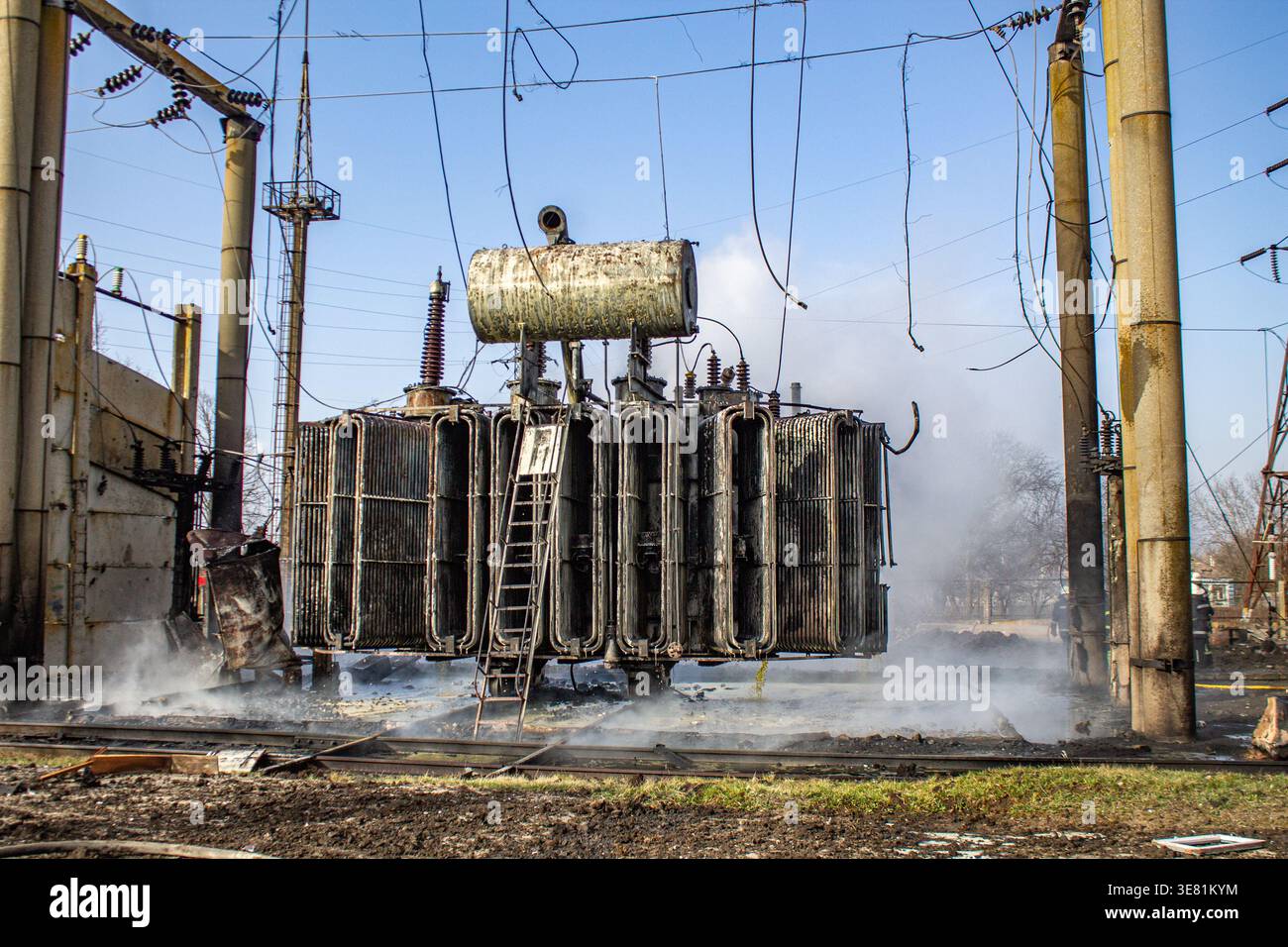 Damaged electrical transformer at power substation after military ...