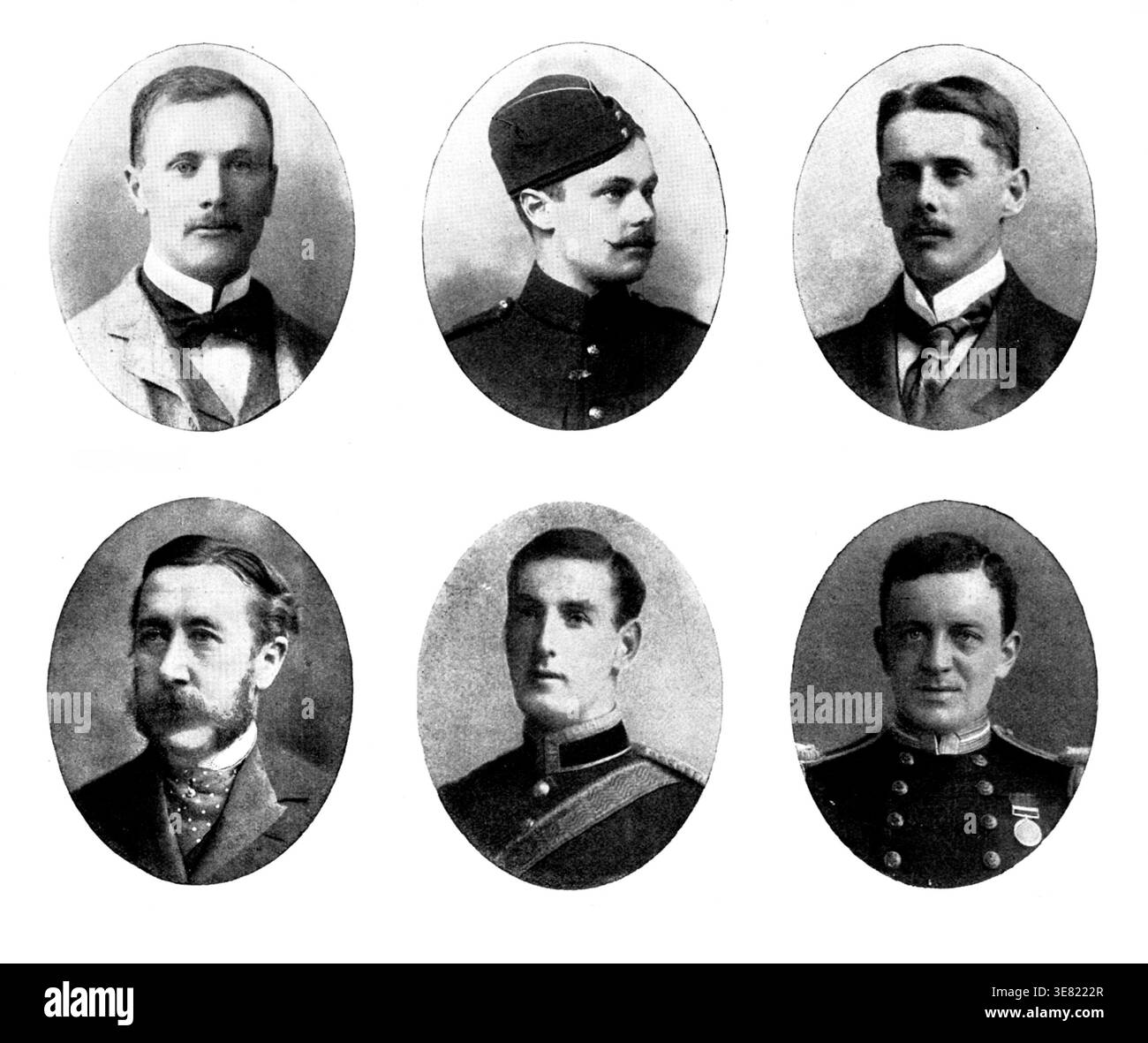 Six portraits, 1898. 'Lieutenant Thomas Colclough Watson V.C. and Lieutenant James Morris Colvin V.C., Royal Engineers - during the burning of the village of Bilot, Mahmund Valley [North-West Frontier Province], Lieutenant Watson, led [his men] through the flames to dislodge...the enemy whose fire was harassing our troops. Twice he was wounded and driven back, whereupon Lieutenant Colvin continued the struggle; Lieutenant Henry Singleton Pennell, V.C., Derbyshire Regiment (Sherwood Foresters), distinguished himself during the memorable fight at Dargai [N.W F.P,] "under a perfect hail of b Stock Photo