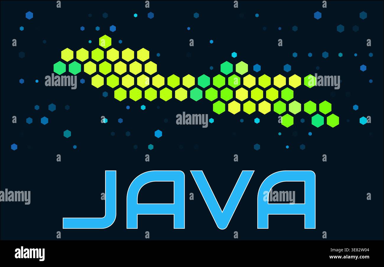 Java hexagon dots map. Indonesia. Digital style shape of the island. Java map and title. Stock Vector
