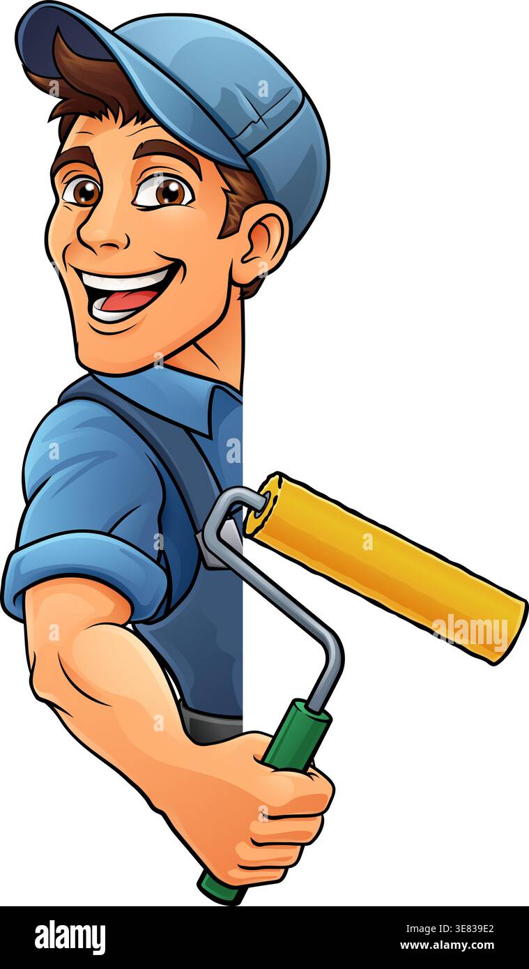 Painter Decorator Paint Roller Cartoon Handy Man Stock Vector
