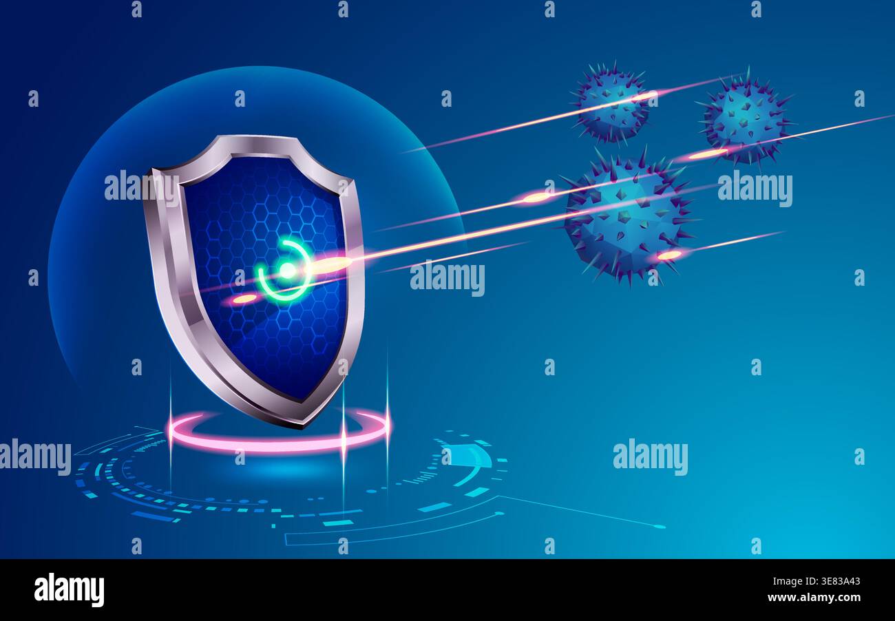 concept of cyber security technology, graphic of futuristic shield protecting against computer virus Stock Vector