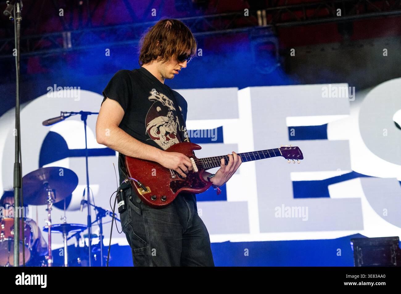Geese Singer Cameron Winter of Geese performs during the first weekend of Coachella ...