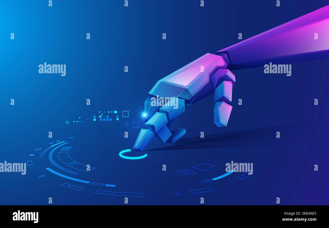 concept of virtual reality technology or artificial intelligence technology, graphic of robot hand using futuristic interface Stock Vector