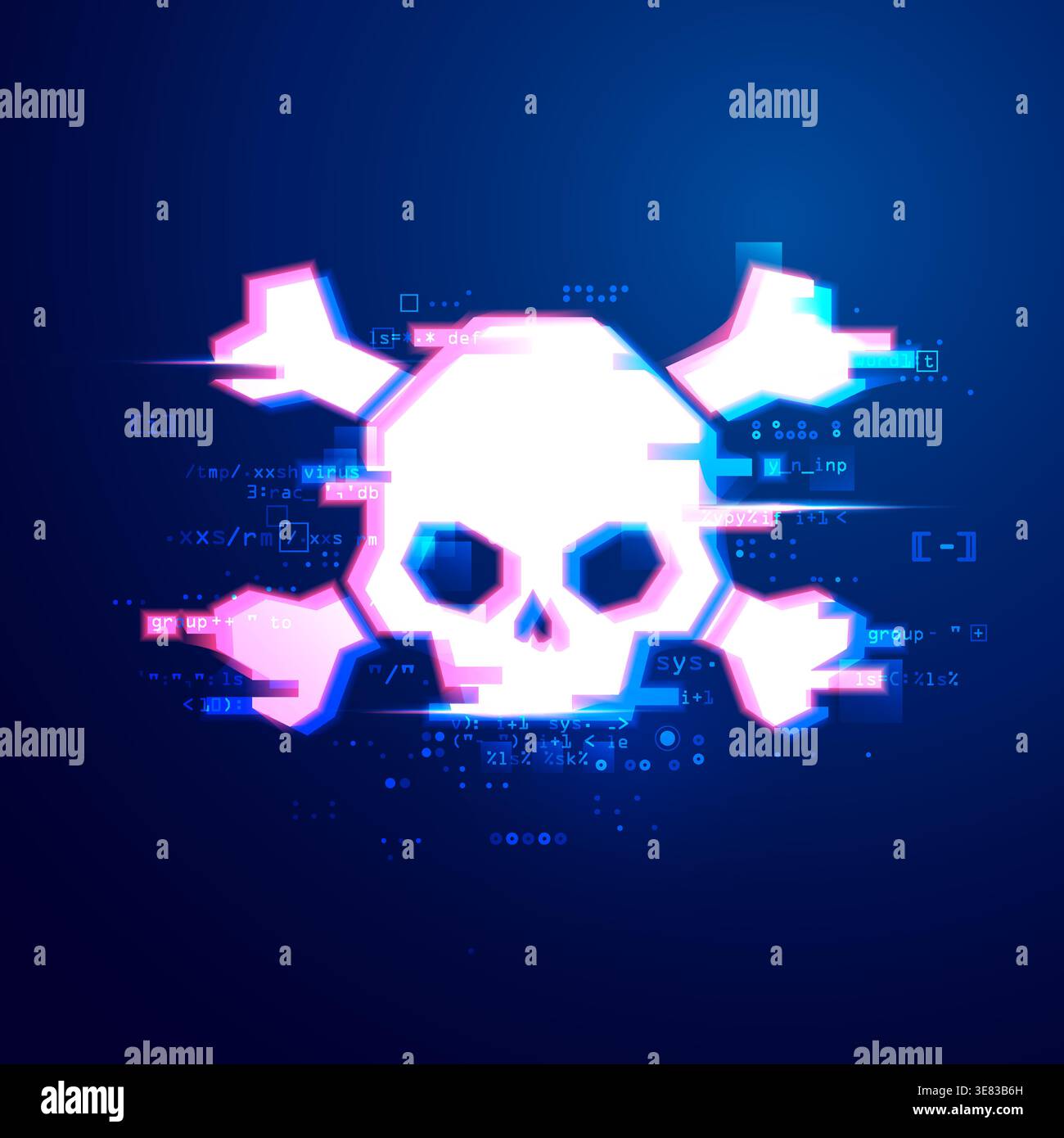 concept of cyber crime or hacker, graphic of skull with programming script and neon element Stock Vector
