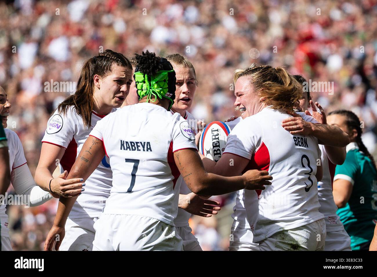 Sarah Bern of England celebrates scoring her sides third try during the ...